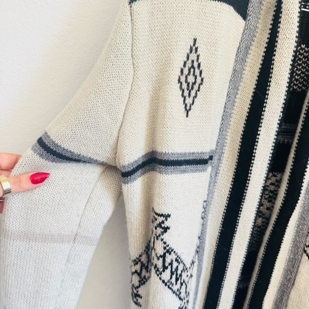VINTAGE ANTHROPOLOGIE Cream Black Grey Print Stripe Knit Open Cardigan Sweater M - Picture 6 of 12